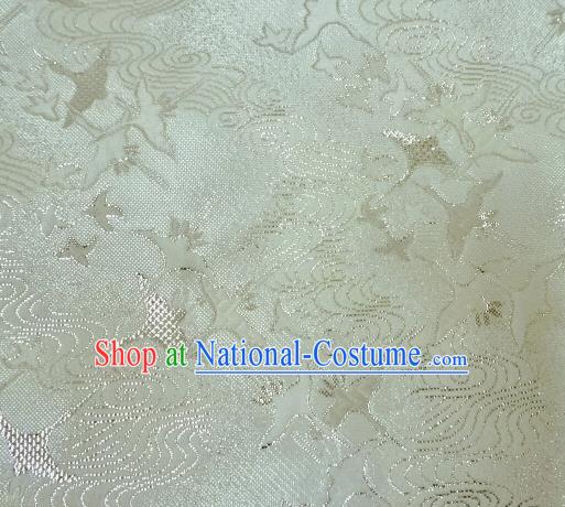 Asian Traditional Kimono Classical Cranes Pattern White Nishijin Brocade Tapestry Satin Fabric Japanese Silk Material