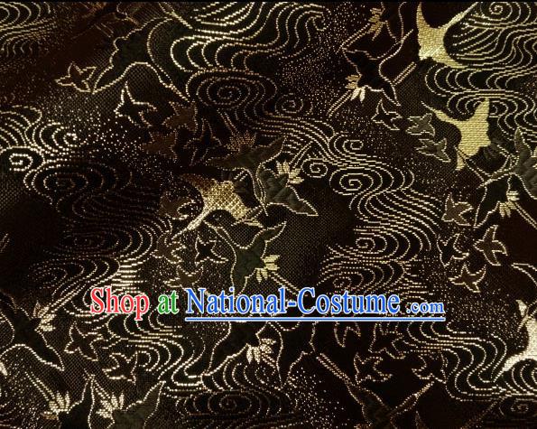 Asian Traditional Kimono Classical Cranes Pattern Black Nishijin Brocade Tapestry Satin Fabric Japanese Silk Material