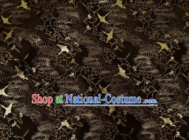 Asian Traditional Kimono Classical Cranes Pattern Black Nishijin Brocade Tapestry Satin Fabric Japanese Silk Material