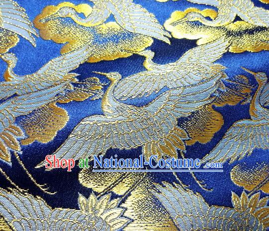 Asian Traditional Kimono Classical Cranes Pattern Blue Nishijin Brocade Tapestry Satin Fabric Japanese Silk Material