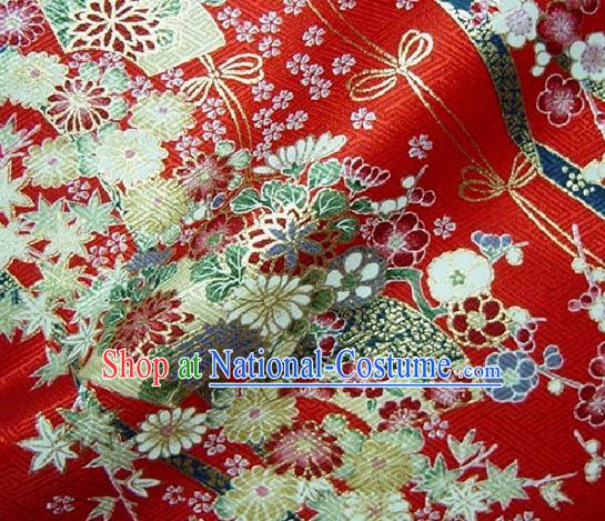 Asian Traditional Kimono Classical Sakura Pattern Red Nishijin Brocade Tapestry Satin Fabric Japanese Silk Material