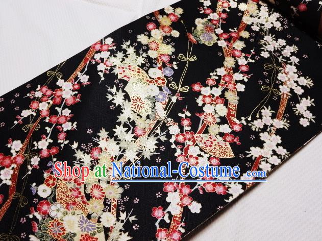 Asian Traditional Kimono Classical Sakura Pattern Black Nishijin Brocade Tapestry Satin Fabric Japanese Silk Material