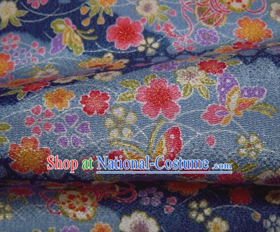 Asian Traditional Classical Butterfly Sakura Pattern Blue Brocade Tapestry Satin Fabric Japanese Kimono Silk Material