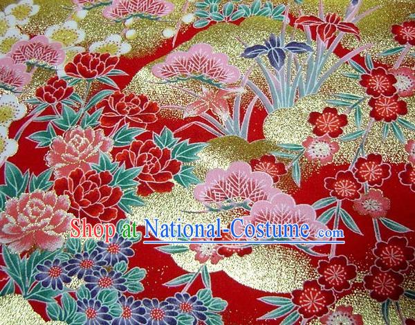 Asian Traditional Kimono Classical Peony Orchid Pattern Red Brocade Tapestry Satin Fabric Japanese Kyoto Silk Material