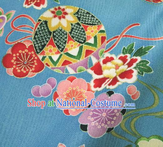 Asian Traditional Kimono Classical Ball Pattern Blue Brocade Tapestry Satin Fabric Japanese Kyoto Silk Material