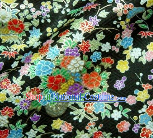 Asian Traditional Kimono Classical Sakura Maple Pattern Black Brocade Tapestry Satin Fabric Japanese Kyoto Silk Material