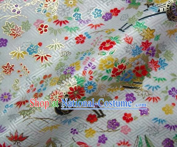 Asian Traditional Kimono Classical Sakura Maple Pattern White Brocade Tapestry Satin Fabric Japanese Kyoto Silk Material