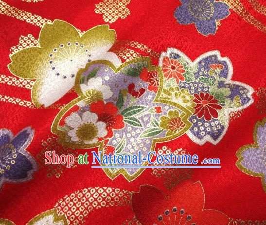 Asian Traditional Kimono Classical Sakura Pattern Red Damask Brocade Tapestry Satin Fabric Japanese Kyoto Silk Material