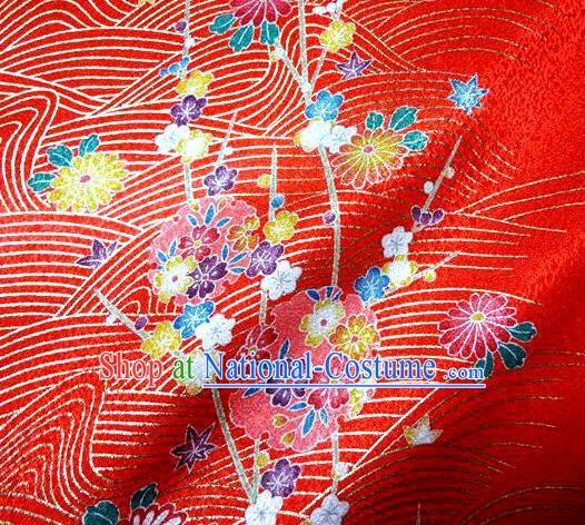 Asian Traditional Kimono Classical Sakura Pattern Damask Red Brocade Tapestry Satin Fabric Japanese Kyoto Silk Material