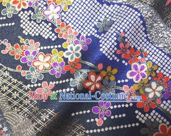 Asian Traditional Kimono Classical Sakura Pattern Navy Damask Brocade Tapestry Satin Fabric Japanese Kyoto Silk Material