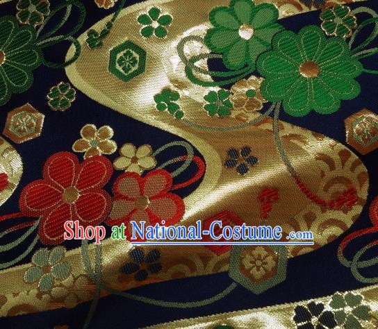 Asian Traditional Damask Classical Pattern Navy Brocade Fabric Japanese Kimono Tapestry Satin Silk Material