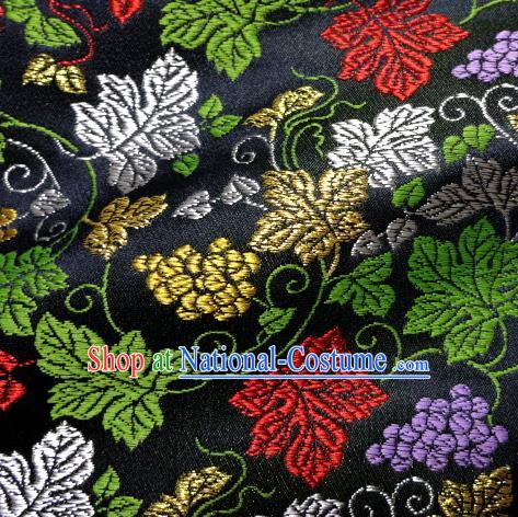 Asian Traditional Damask Classical Grape Pattern Black Brocade Fabric Japanese Kimono Tapestry Satin Silk Material