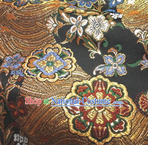 Asian Traditional Damask Classical Hothouse Flowers Pattern Black Brocade Fabric Japanese Kimono Tapestry Satin Silk Material