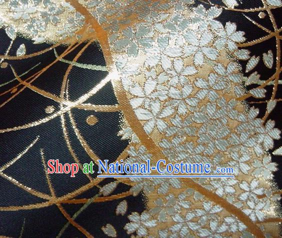 Asian Traditional Baldachin Classical Sakura Pattern Black Brocade Fabric Japanese Kimono Tapestry Satin Silk Material