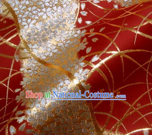 Asian Traditional Baldachin Classical Sakura Pattern Red Brocade Fabric Japanese Kimono Tapestry Satin Silk Material