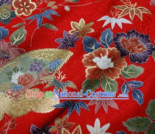 Asian Traditional Kimono Classical Flowers Pattern Red Damask Brocade Fabric Japanese Kyoto Tapestry Satin Silk Material