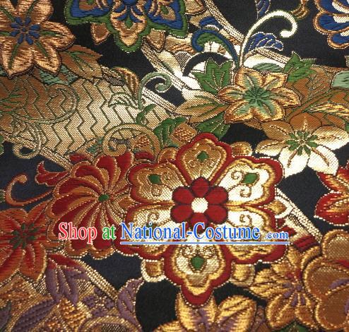 Asian Traditional Baldachin Classical Daisy Pattern Navy Brocade Fabric Japanese Kimono Tapestry Satin Silk Material