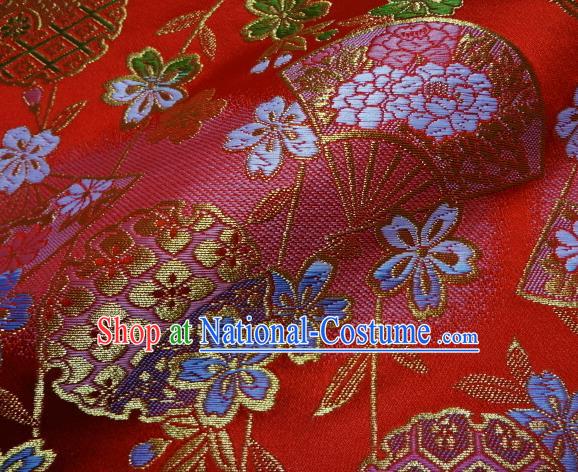 Asian Traditional Classical Sakura Fan Pattern Damask Red Brocade Fabric Japanese Kimono Tapestry Satin Silk Material