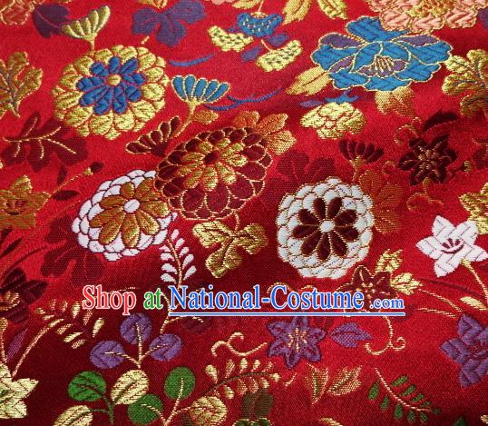 Asian Traditional Classical Flowers Pattern Damask Red Brocade Fabric Japanese Kimono Tapestry Satin Silk Material