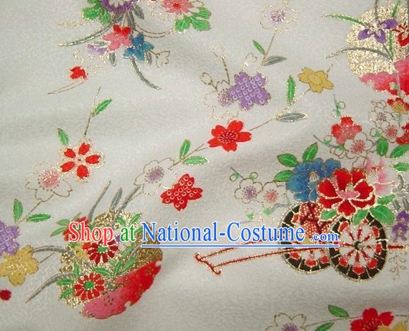 Asian Traditional Kimono Classical Flowers Gharry Pattern White Brocade Tapestry Satin Fabric Japanese Kyoto Silk Material