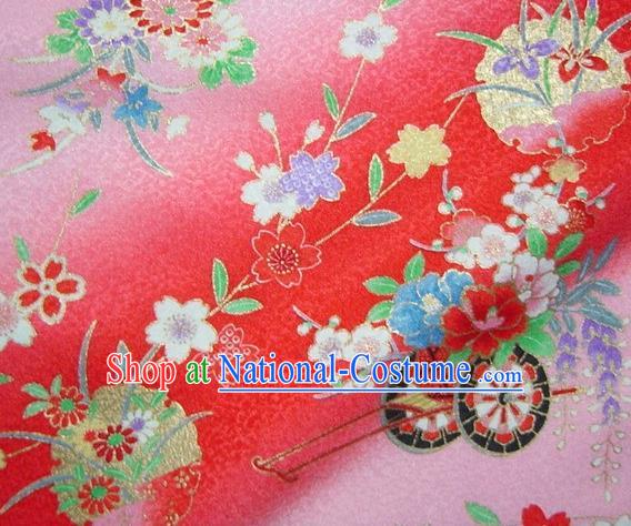 Asian Traditional Kimono Classical Flowers Gharry Pattern Red Brocade Tapestry Satin Fabric Japanese Kyoto Silk Material