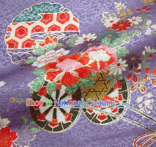 Asian Traditional Kimono Classical Flowers Gharry Pattern Purple Brocade Tapestry Satin Fabric Japanese Kyoto Silk Material