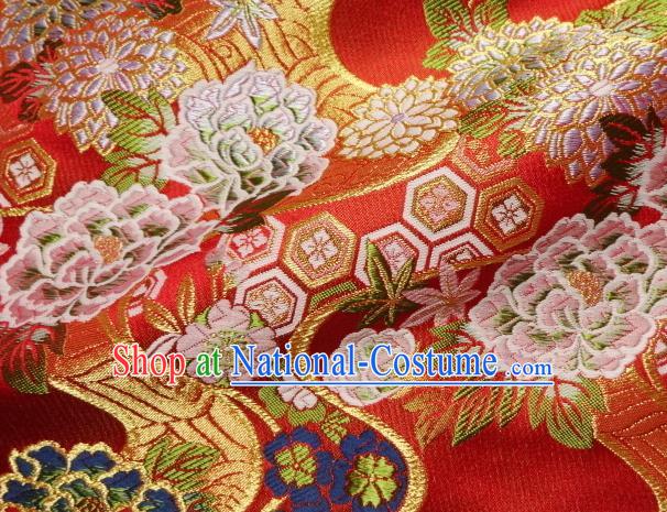 Asian Traditional Classical Peony Pattern Red Damask Brocade Fabric Japanese Kimono Tapestry Satin Silk Material