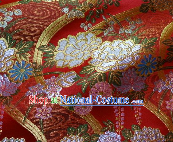 Asian Traditional Classical Flowers Pattern Red Damask Brocade Fabric Japanese Kimono Tapestry Satin Silk Material