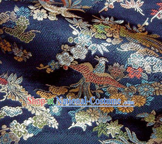 Asian Traditional Baldachin Classical Phoenix Daisy Pattern Navy Brocade Fabric Japanese Kimono Tapestry Satin Silk Material