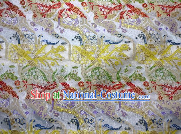 Asian Japanese Traditional Brocade Classical Colorful Phoenix Pattern White Baldachin Fabric Kimono Tapestry Satin Silk Material