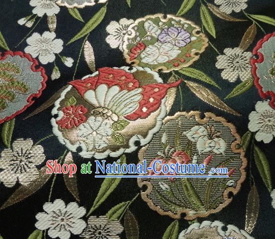 Asian Japanese Traditional Brocade Classical Bamboo Leaf Pattern Black Baldachin Fabric Kimono Tapestry Satin Silk Material