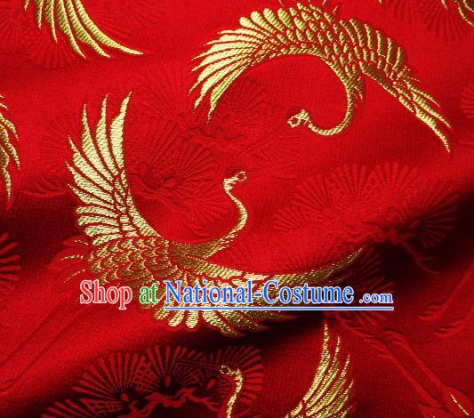 Asian Traditional Japanese Kimono Classical Cranes Pattern Red Tapestry Satin Brocade Fabric Baldachin Silk Material