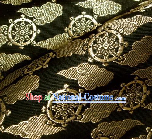 Asian Traditional Japanese Kimono Classical Wheels Pattern Black Brocade Tapestry Satin Fabric Baldachin Silk Material