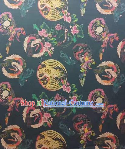 Asian Traditional Watered Gauze Fabric Classical Phoenix Pattern Navy Brocade Satin Silk Material