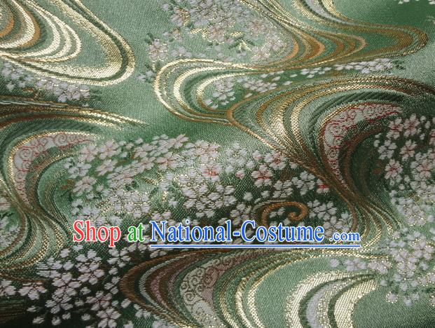 Asian Japanese Traditional Green Brocade Classical Sakura Pattern Baldachin Fabric Kimono Tapestry Satin Silk Material