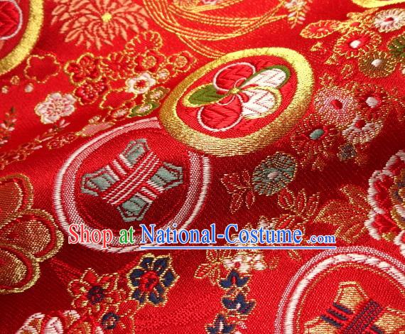 Asian Japanese Traditional Kimono Red Tapestry Satin Classical Plum Blossom Pattern Brocade Fabric Baldachin Silk Material