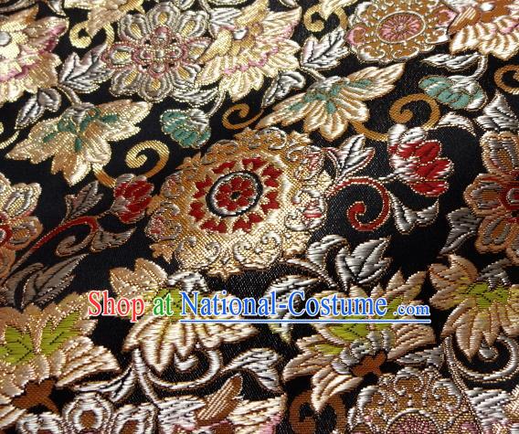 Asian Japanese Traditional Kimono Classical Grass Pattern Black Tapestry Satin Brocade Fabric Baldachin Silk Material