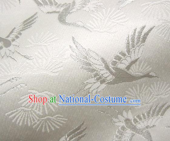 Asian Japanese Tapestry Satin Traditional Kimono Classical Cranes Pattern White Brocade Fabric Baldachin Silk Material