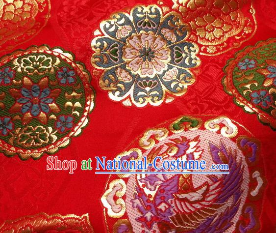 Asian Japanese Traditional Kimono Classical Phoenix Pattern Red Tapestry Satin Brocade Fabric Baldachin Silk Material