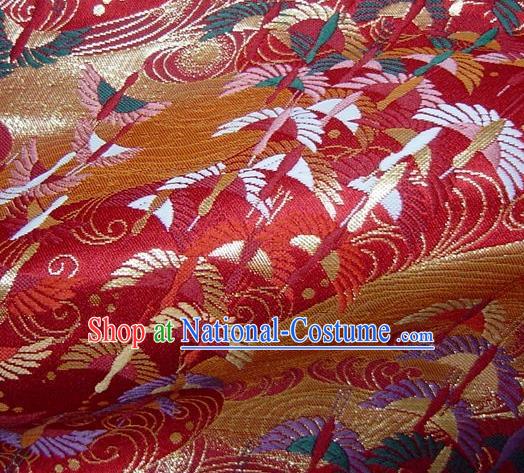 Asian Traditional Japanese Kimono Red Tapestry Satin Classical Crane Pattern Brocade Fabric Baldachin Silk Material