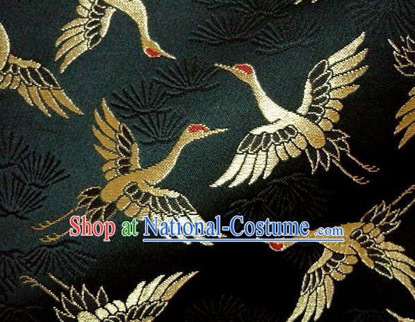 Asian Japanese Traditional Kimono Classical Cranes Pattern Black Tapestry Satin Brocade Fabric Baldachin Silk Material