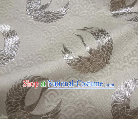 Asian Japanese Traditional Kimono Classical Round Cranes Pattern White Tapestry Satin Brocade Fabric Baldachin Silk Material