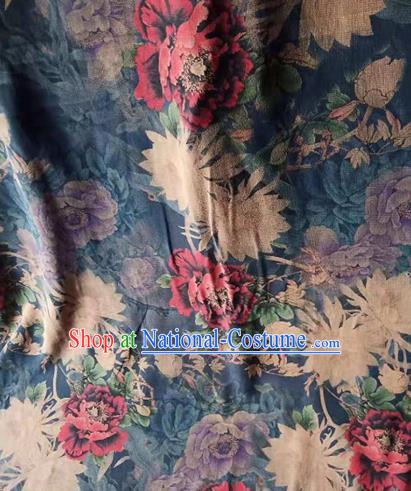 Asian Traditional Fabric Classical Peony Pattern Navy Watered Gauze Brocade Satin Silk Material