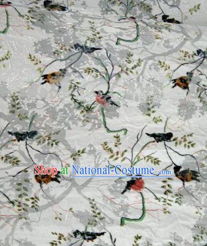 Asian Traditional Fabric Classical Embroidered Birds Pattern White Brocade Chinese Satin Silk Material