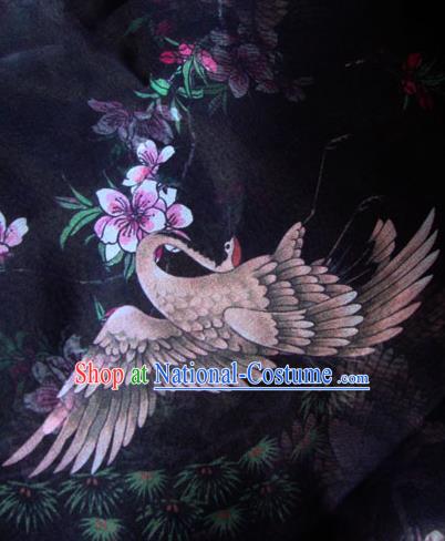 Asian Traditional Fabric Classical Crane Pattern Black Watered Gauze Brocade Chinese Satin Silk Material