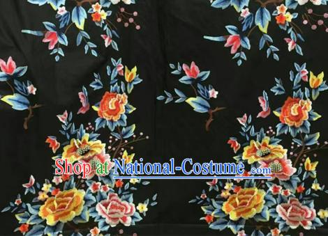 Asian Traditional Fabric Classical Peony Pattern Black Watered Gauze Brocade Chinese Satin Silk Material