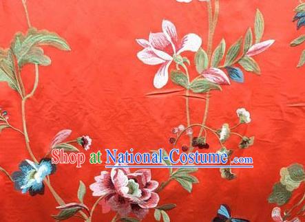 Asian Traditional Fabric Classical Embroidered Peony Pattern Red Watered Gauze Brocade Chinese Satin Silk Material