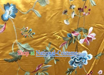 Asian Traditional Fabric Classical Embroidered Peony Pattern Yellow Watered Gauze Brocade Chinese Satin Silk Material