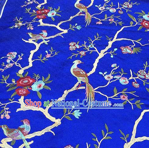 Asian Traditional Fabric Classical Embroidered Bird Flowers Pattern Blue Brocade Chinese Satin Silk Material