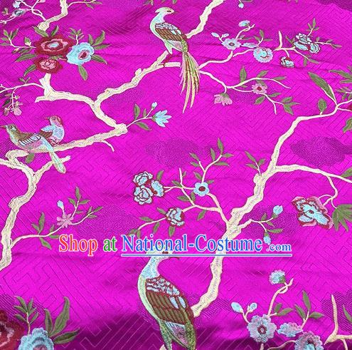 Asian Traditional Fabric Classical Embroidered Bird Flowers Pattern Rosy Brocade Chinese Satin Silk Material